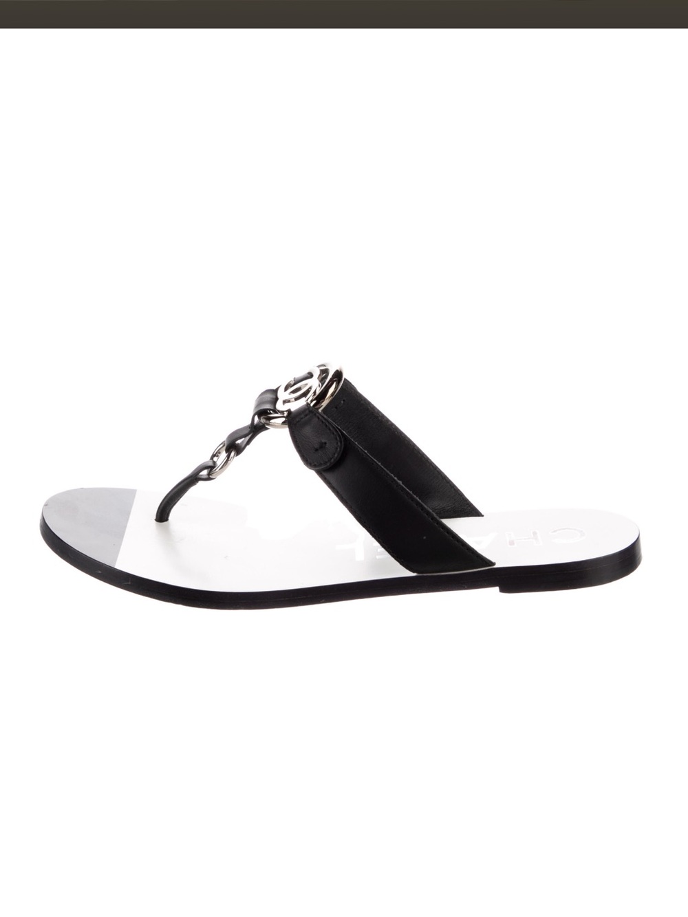 CHANEL Black Leather Thong Sandals with Silver CC Hardware includes dust bag - Picture 2 of 5